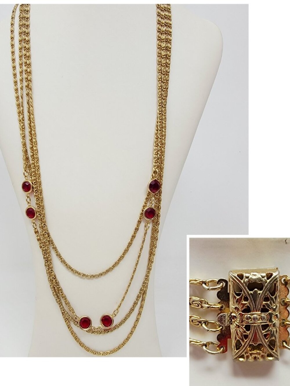 Vintage Gold Tone Ruby Red Glass Multi Strand Necklace
